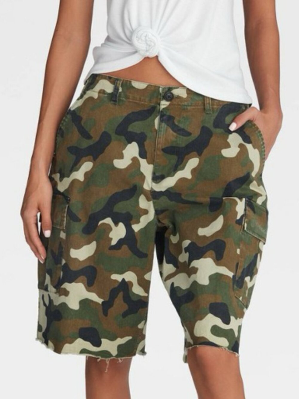 KBB KAHLANA Women's Mid-Rise The Cargo Shorts Bermuda Twill - Camo Green - M
